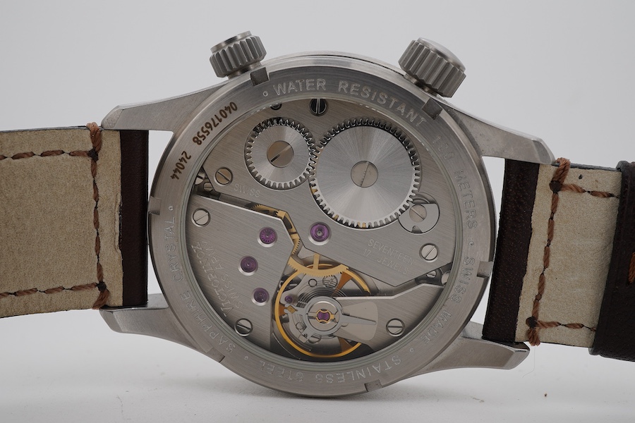 A gentleman's recent stainless steel Victorinox Swiss Army stainless steel manual wind wrist watch with black Arabic dial and subsidiary seconds, case diameter 45mm, on a brown leather strap, no box or papers.